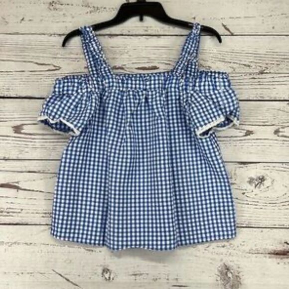 A. BYER GINGHAM BLUE COLD SHOULDER TOP – SIZE LARGE 💙🍓 - Picture 1 of 17